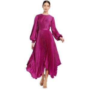 NWT Ieena for Macduggal Purple Long Sleeve Pleated Charmeuse Handkerchief Dress